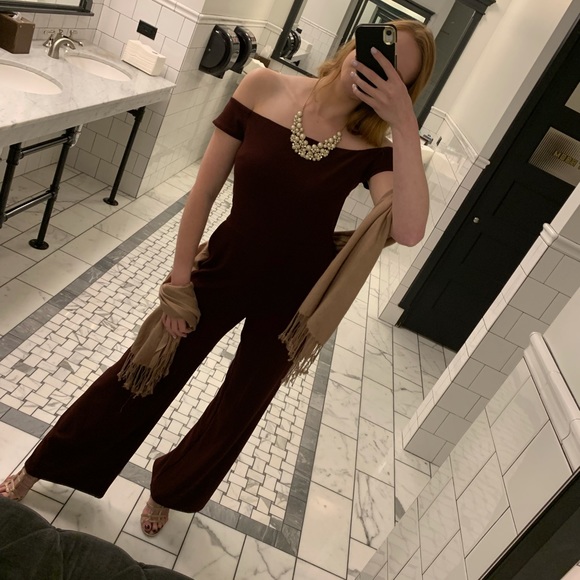 Express Pants - Maroon Express Jumpsuit Off Shoulder